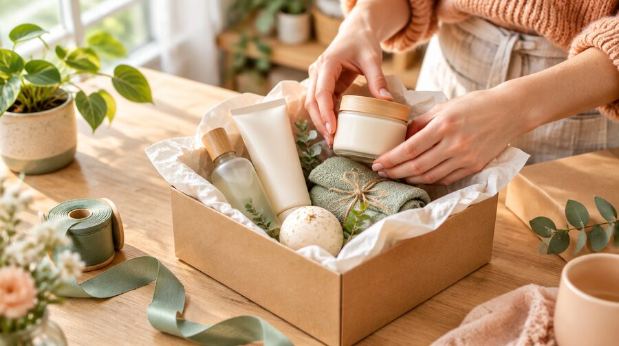 Packing a gift box of self-care products
