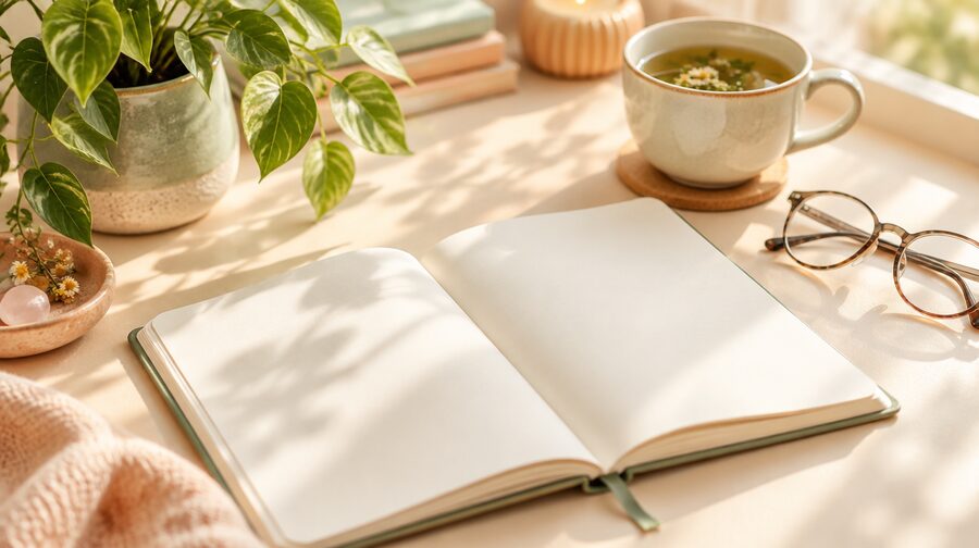 Notebook, tea and a plant on a sunlit desk