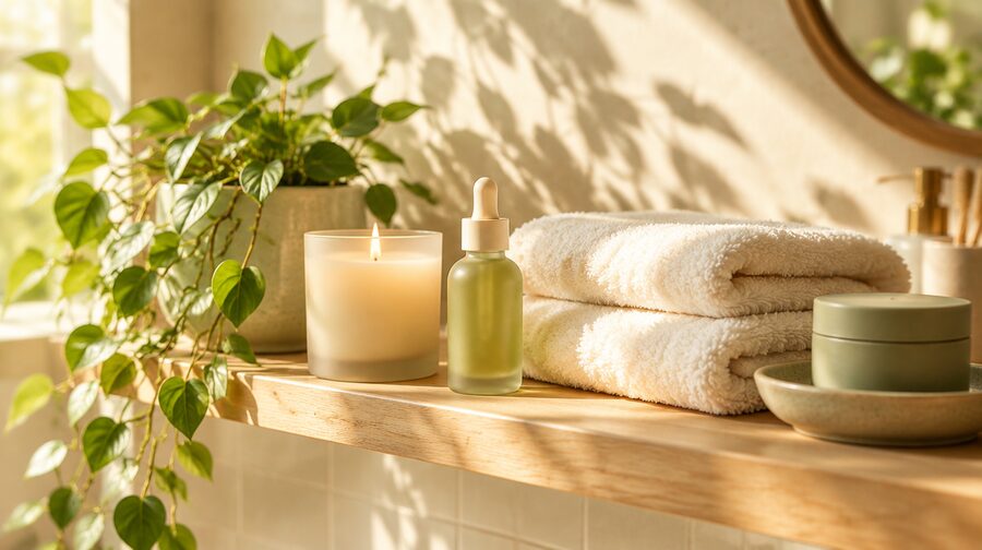 Sunlit shelf of self-care products