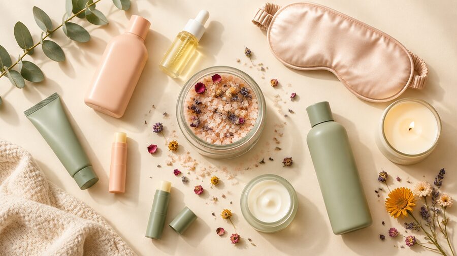 Flatlay of self-care products